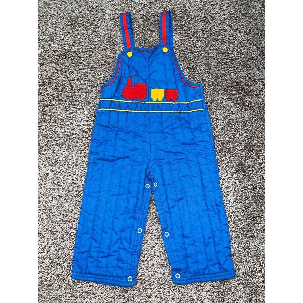 Vintage Cute Togs of New Orleans Quilted Train Overalls Blue 24M Made in USA